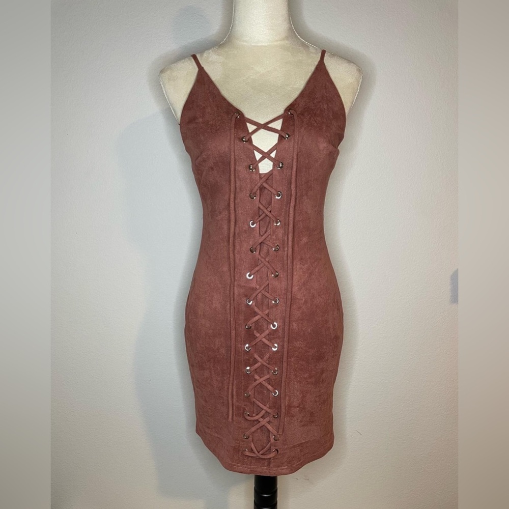 Mauve lace up suede mini dress.